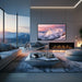 Ortal Holographic 74 frameless electric fireplace built into a living room wall