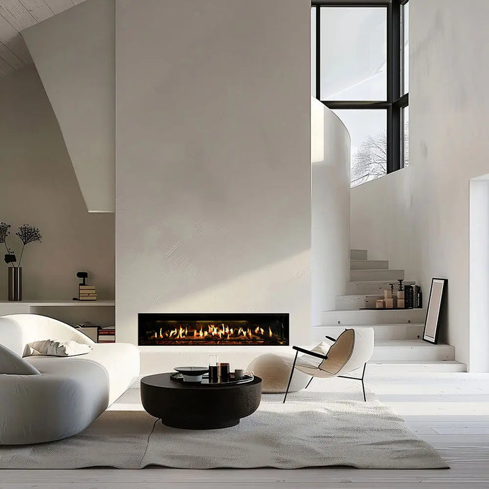 Ortal Holographic 74 frameless electric fireplace built into a living room wall