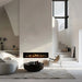 Ortal Holographic 74 frameless electric fireplace built into a living room wall