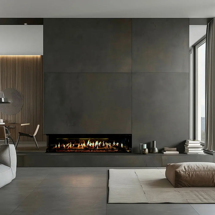 Ortal Holographic 74 frameless electric fireplace built into a living room wall