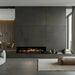 Ortal Holographic 74 frameless electric fireplace built into a living room wall
