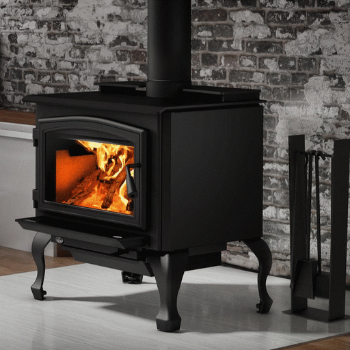 Osburn 2000 Wood Burning Stove with Blower - close view on traditional black legs against a whitewashed brick wall