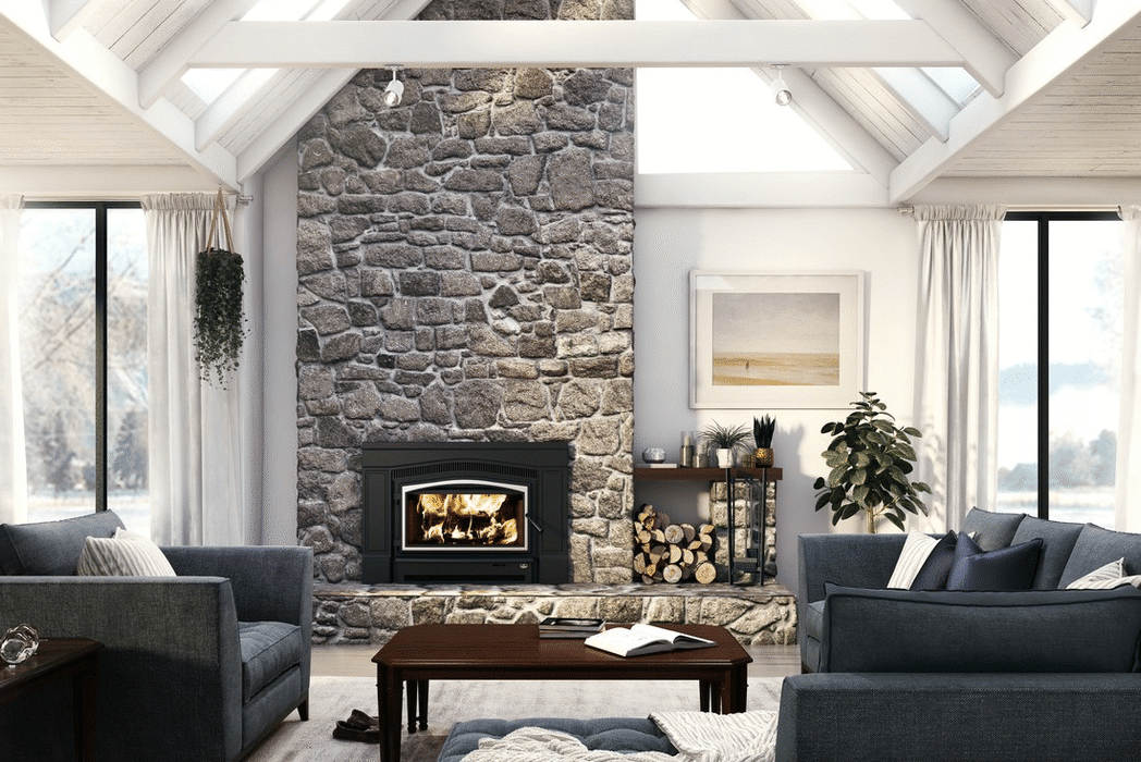 Osburn Matrix 2700 Fireplace Insert - wide living room view with vaulted ceiling