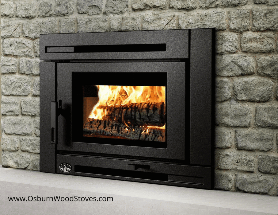 Osburn Matrix Wood Insert - close view in a gray stone fireplace with faceplate