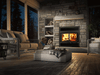 Osburn Stratford II Wood Fireplace - wide evening room view in a stone surround