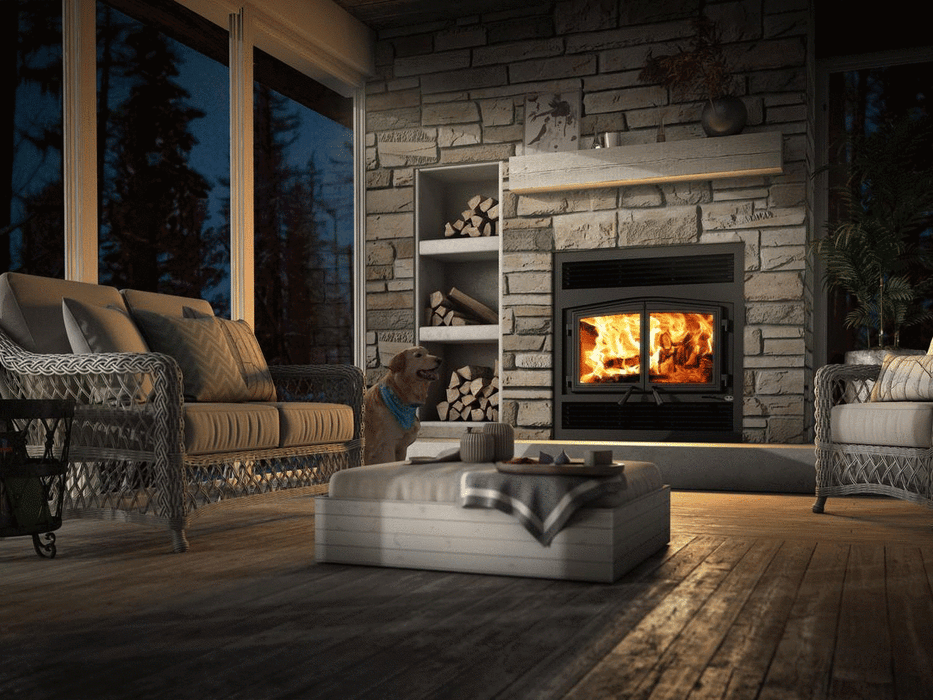 Osburn Stratford II Wood Fireplace - wide evening room view in a stone surround