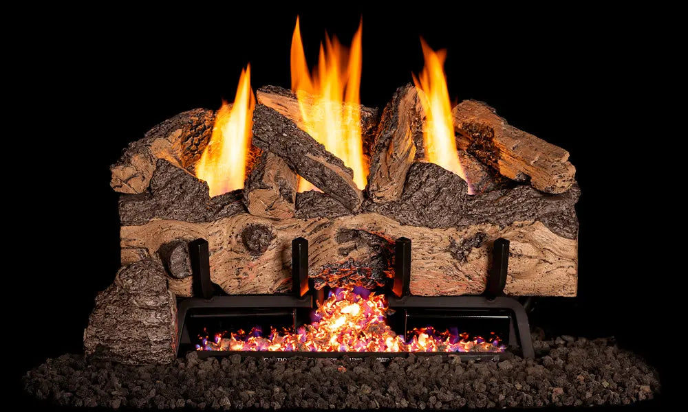 Charred Gnarled Split gas logs burning with a glowing ember bed, black background