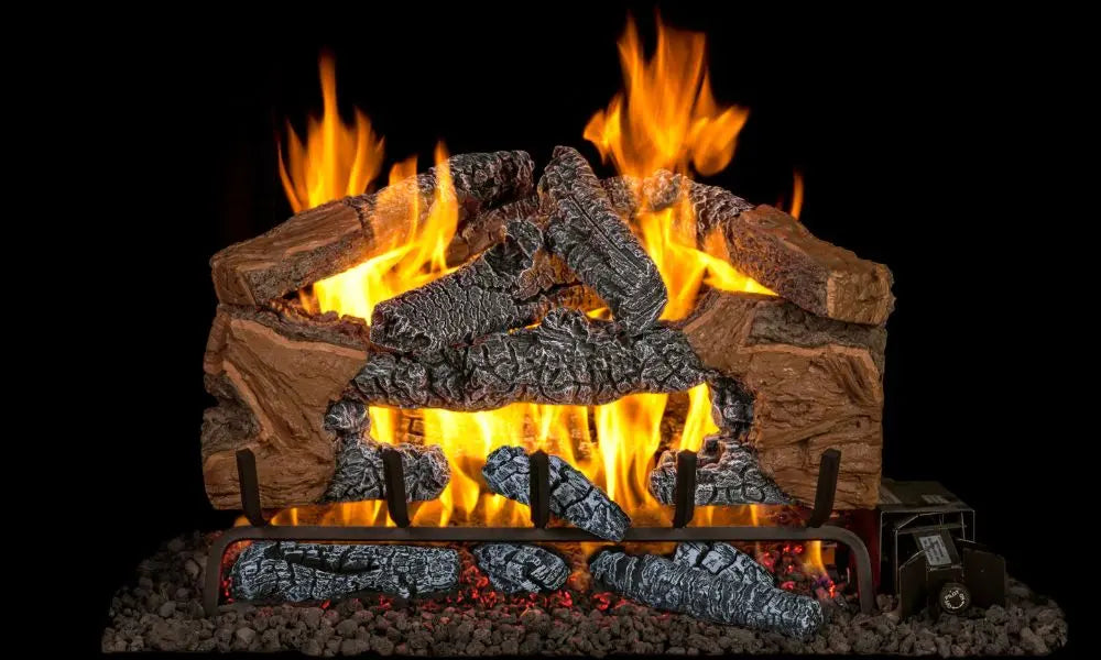 Charred Cinder Split gas logs burning on a black background