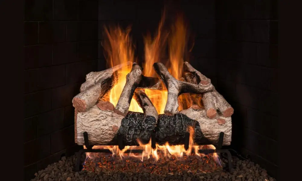 Charred Mountain Birch Flame Enhanced gas logs burning on a black background