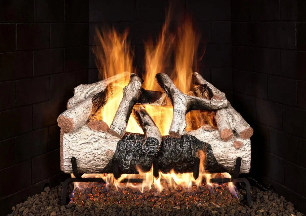 Charred Mountain Birch Flame Enhanced gas log set burning, front view