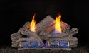Driftwood gas logs burning on a black background