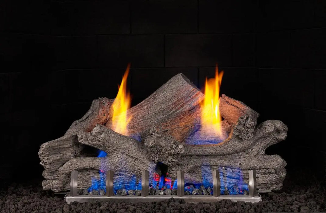 Driftwood gas log set burning, front view
