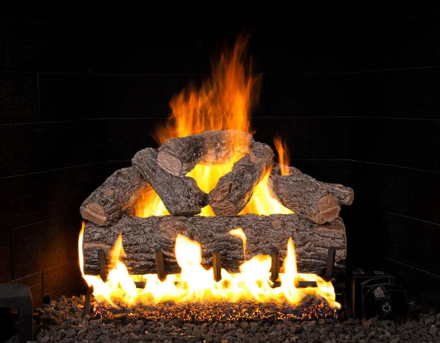 Golden Oak Designer Plus Flame Enhanced gas log set burning, front view
