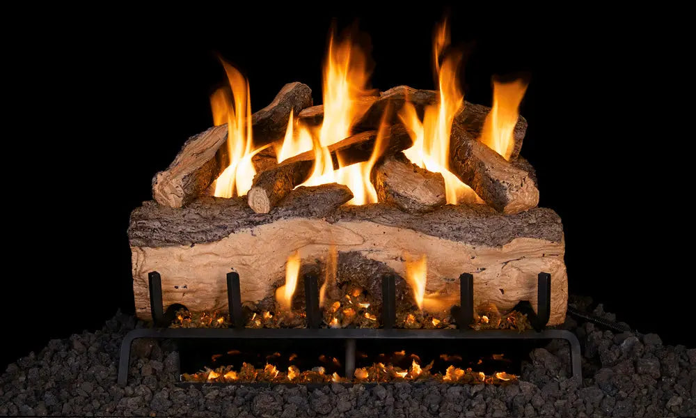 Mountain Crest Split Oak gas logs burning on a G31 burner, black background