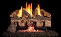 Charred Gnarled Split gas logs burning with a glowing ember bed, black background