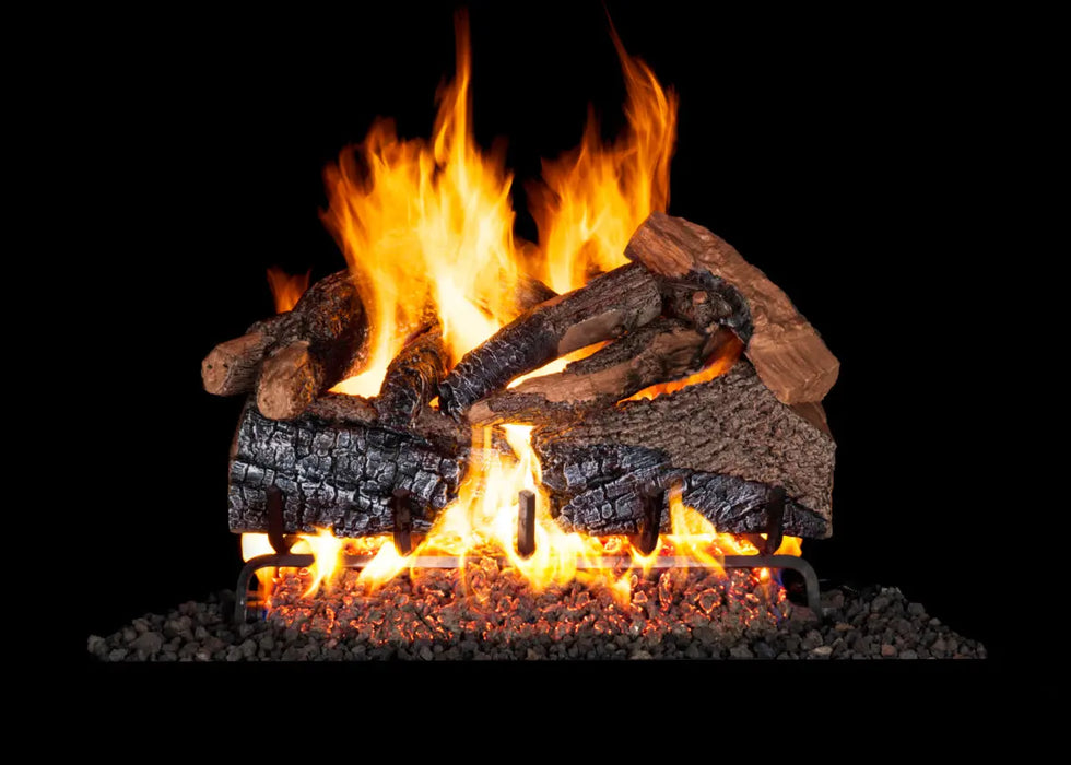 Charred Majestic Oak gas logs burning with a flame enhancer, front view