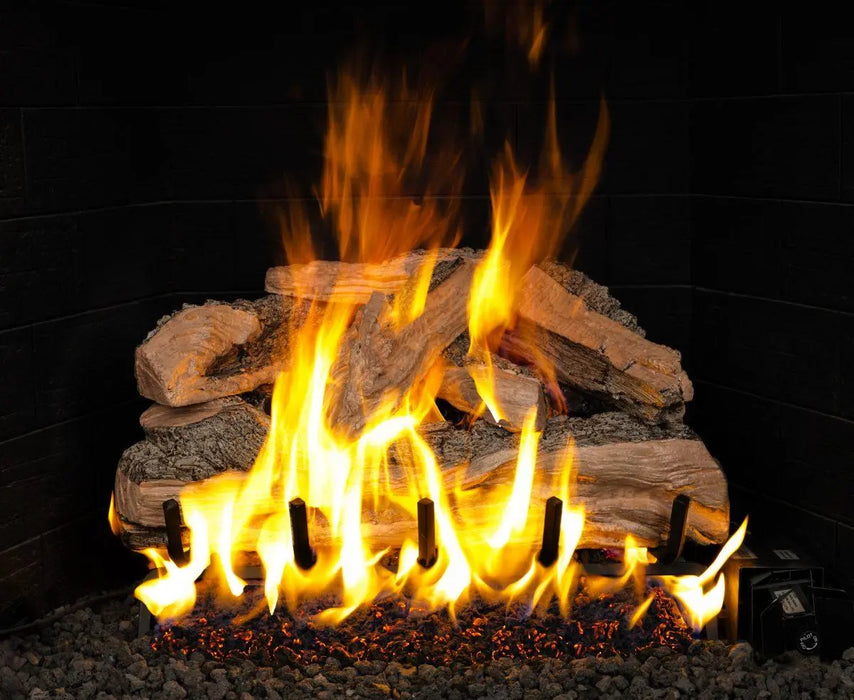 Split Oak Designer Plus Flame Enhanced gas log set burning, front view
