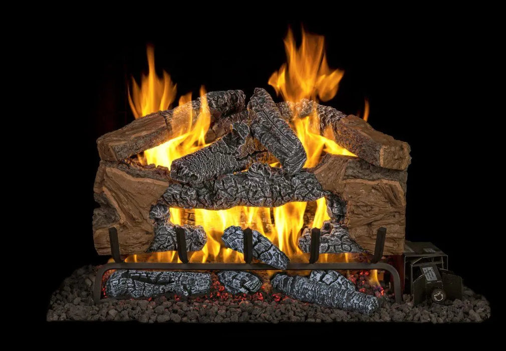Charred Cinder Split gas log set burning, front view on black