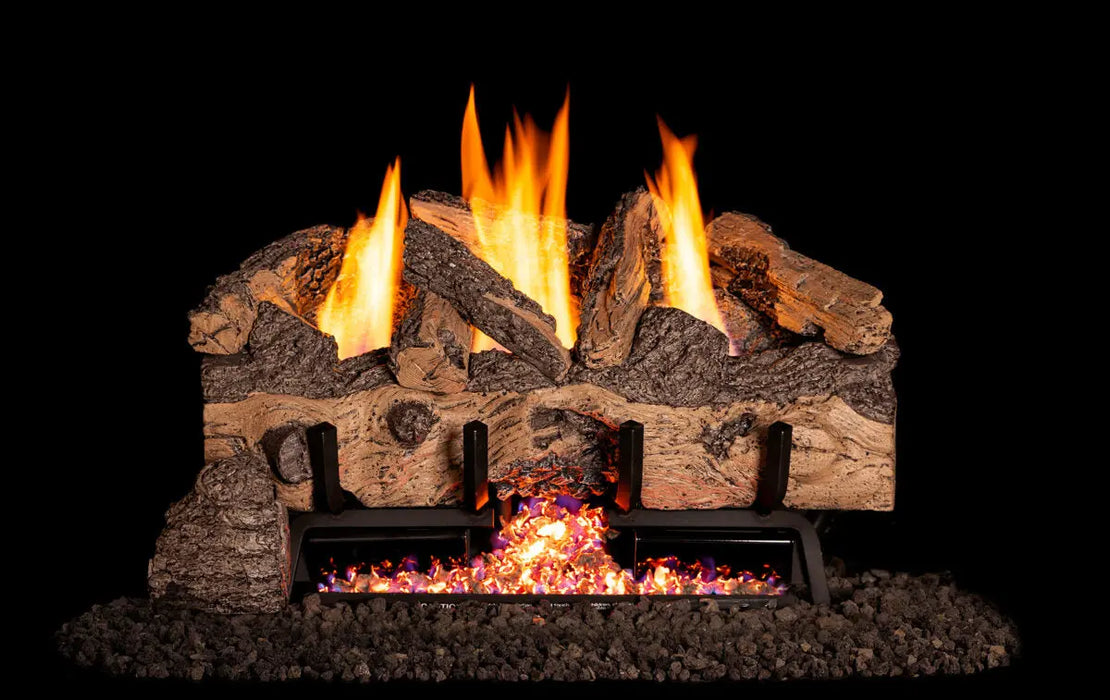 Charred Gnarled Split gas log set burning, front view