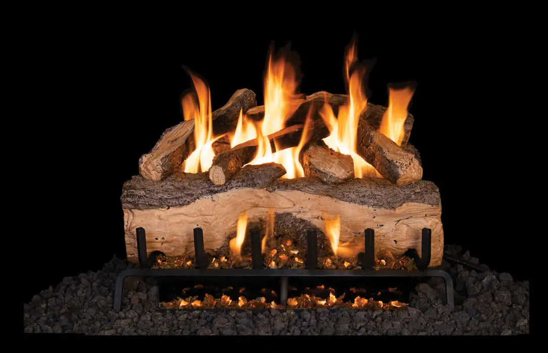 Mountain Crest Split Oak gas log set burning, front view