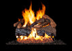 Charred Majestic Oak gas logs burning with a flame enhancer, front view