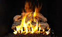 Split Oak Designer Plus Flame Enhanced gas logs burning on a black background