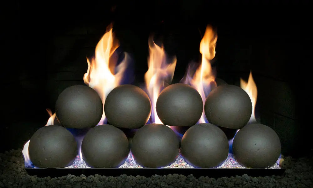 Epic Black spheres in a row with flames rising between them