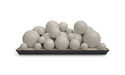 set of gray spheres in mixed sizes arranged on a tray