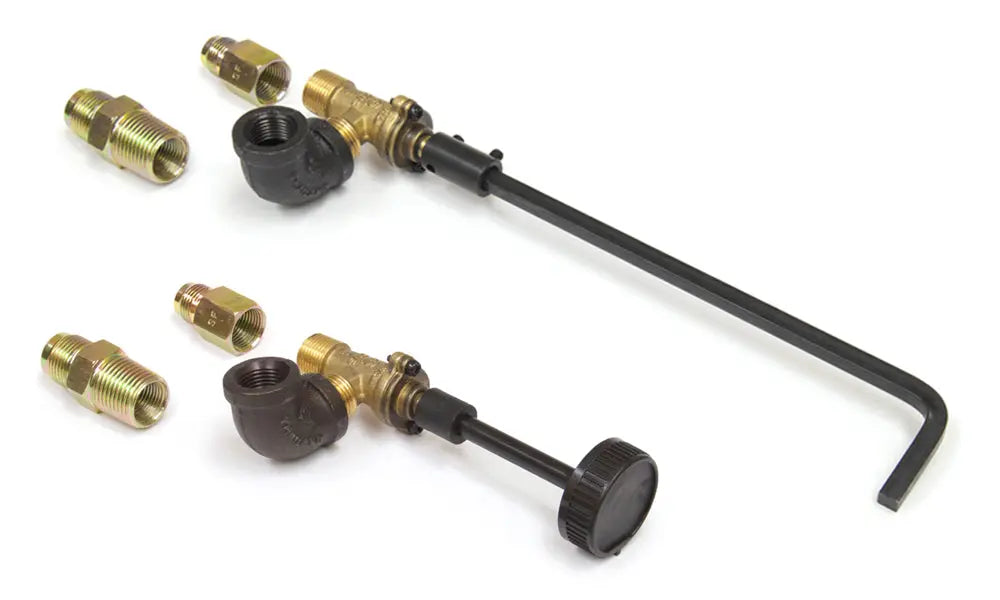 two brass manual gas valves with fittings, one with a round knob handle and one with a long extension handle