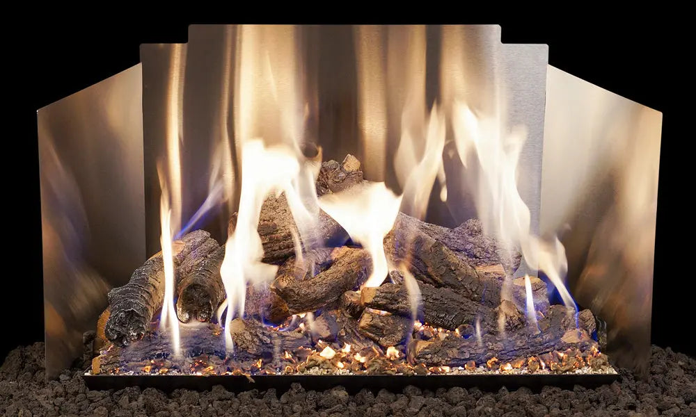 gas logs burning in front of a satin stainless steel contemporary fyreback
