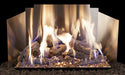gas logs burning in front of a satin stainless steel contemporary fyreback