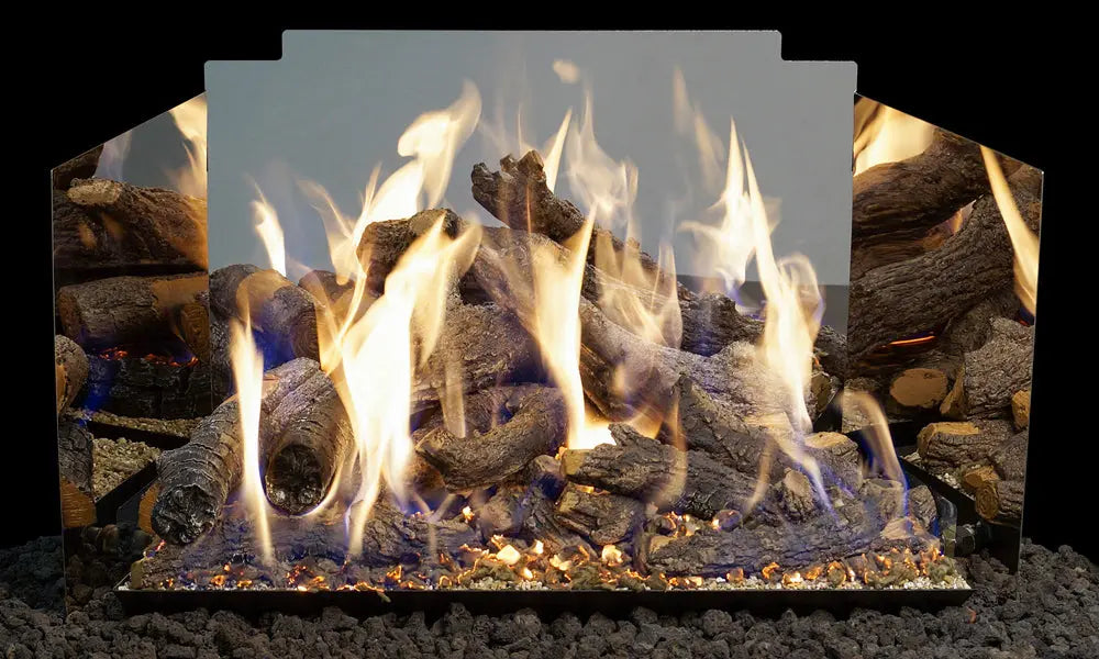 gas logs burning in front of a polished stainless steel contemporary fyreback
