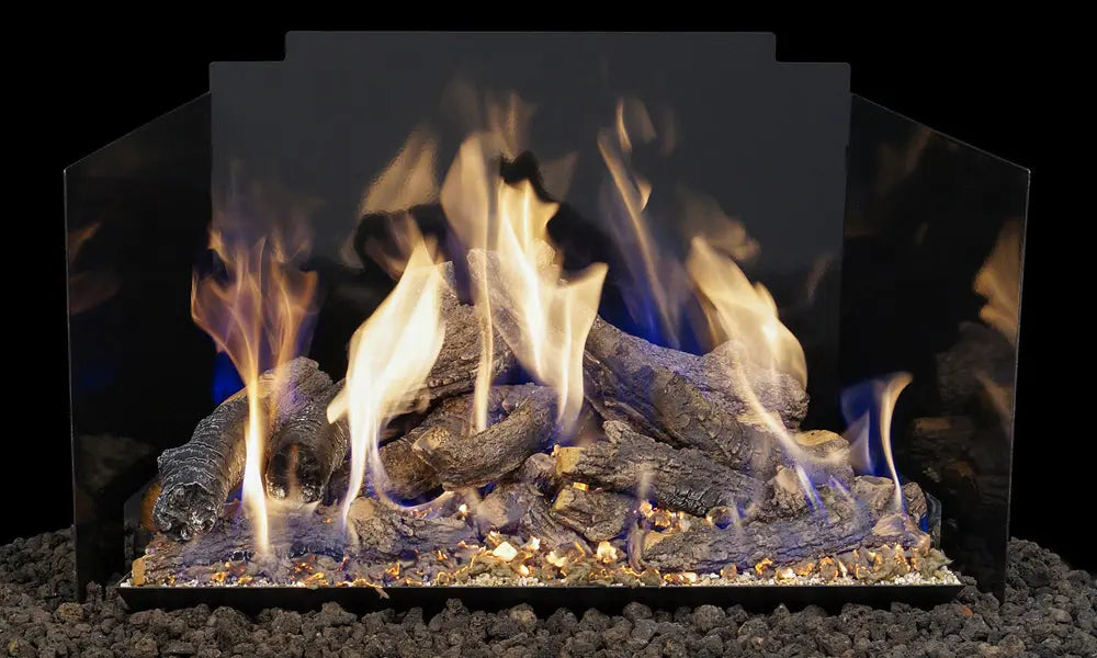 gas logs burning in front of a black porcelain contemporary fyreback
