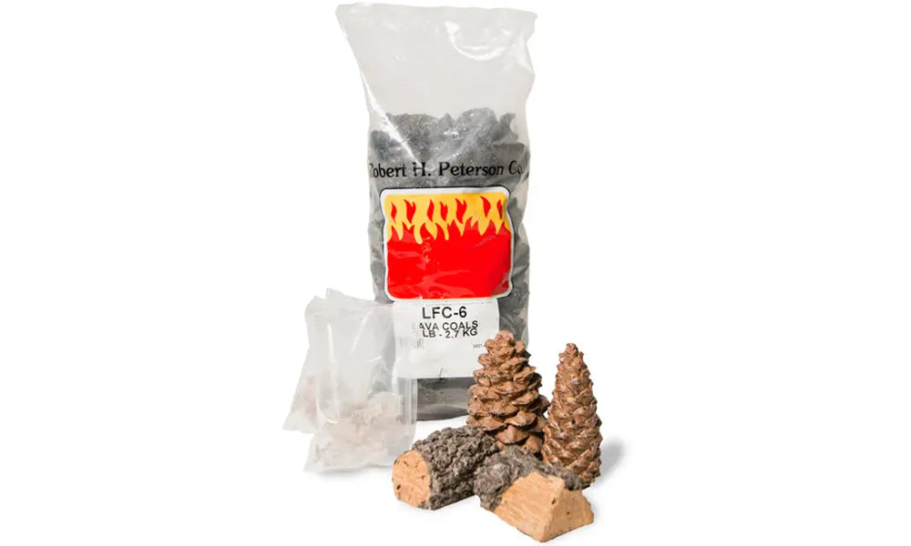 bag of embers with ceramic pine cones and wood chips