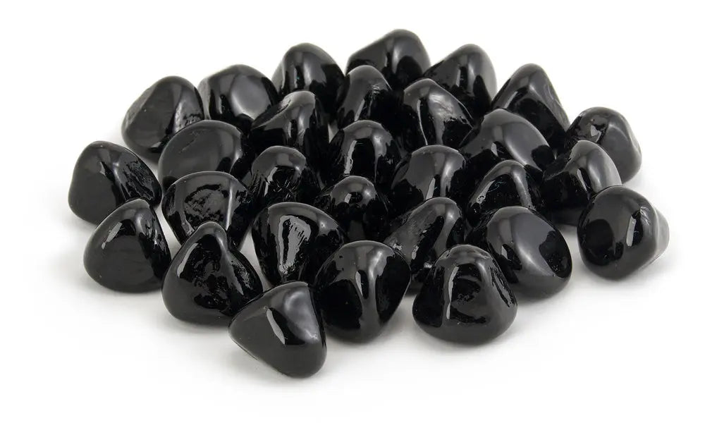 pile of glossy black glass nuggets