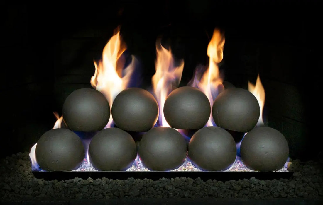 black spheres stacked with flames rising between them