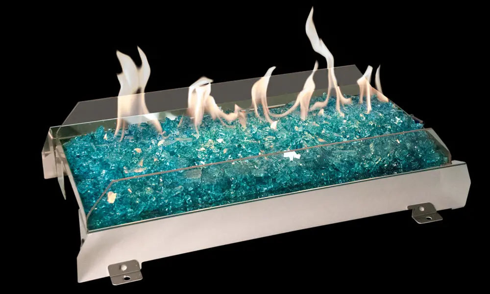 G21 see-thru glass burner with flames over blue fire glass between two glass panels
