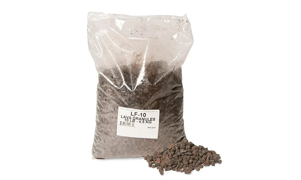 bag of lava granules with a loose pile beside it