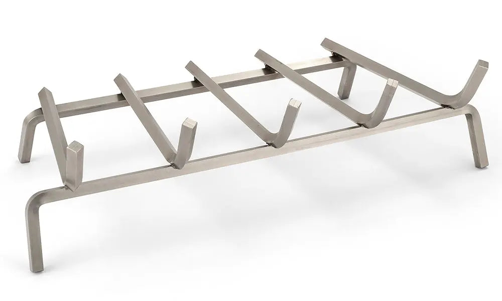 stainless steel fireplace grate on a white background