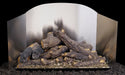gas logs in front of a satin stainless steel three-panel fyreback