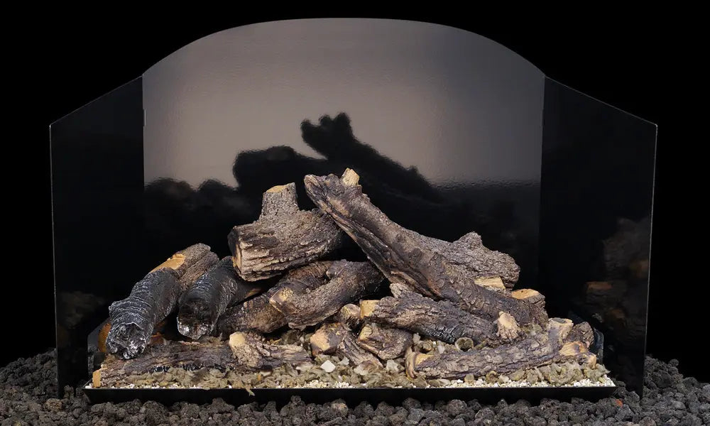gas logs in front of a black porcelain three-panel fyreback
