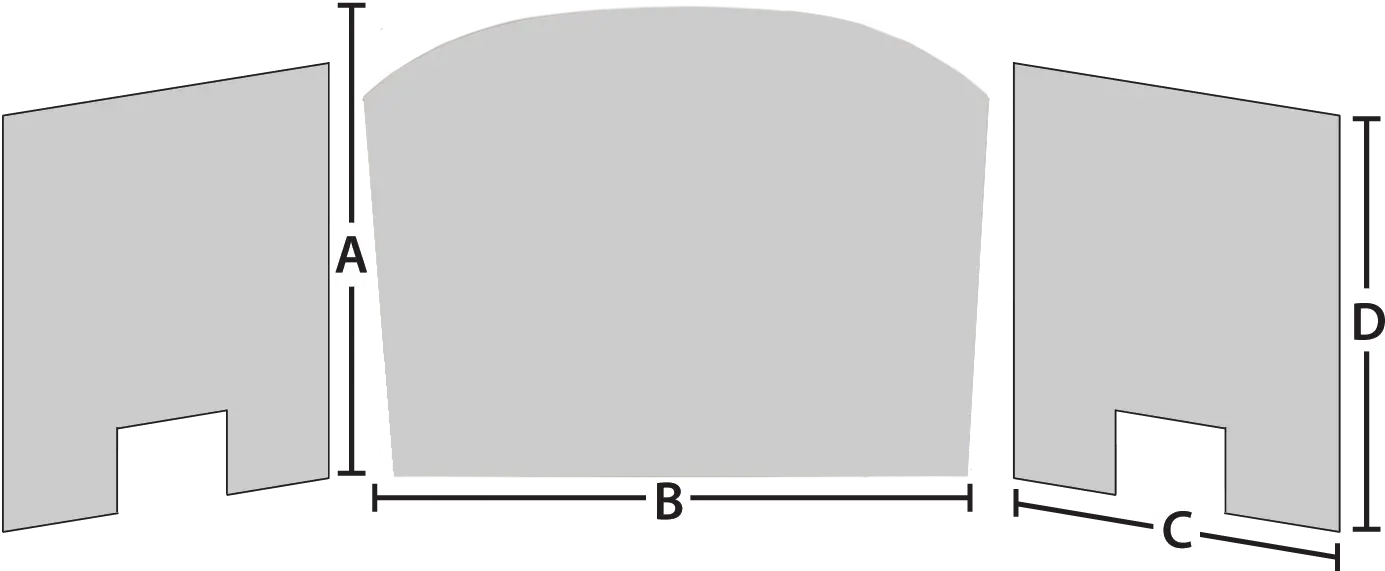 line drawing of a three-panel fyreback with dimensions A, B, C and D marked