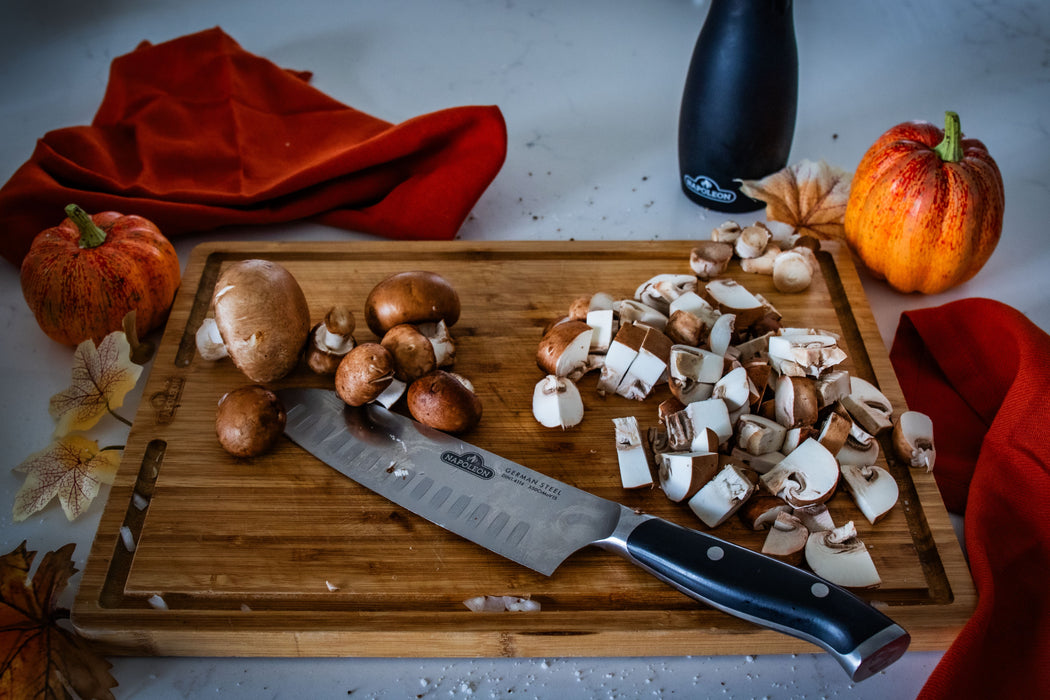 70113 Bamboo Cutting Board – in use, with chicken