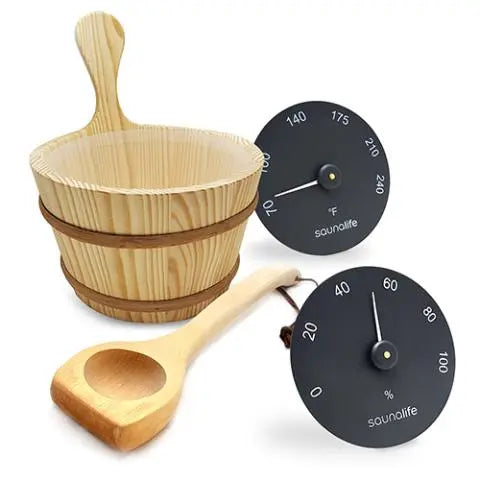 SaunaLife Accessory Package 3 Wooden 1-Gallon Sauna Bucket, Wood Ladle, Thermometer and Hygrometer ACCPKG-3-BK SaunaLife Dreamwood Living