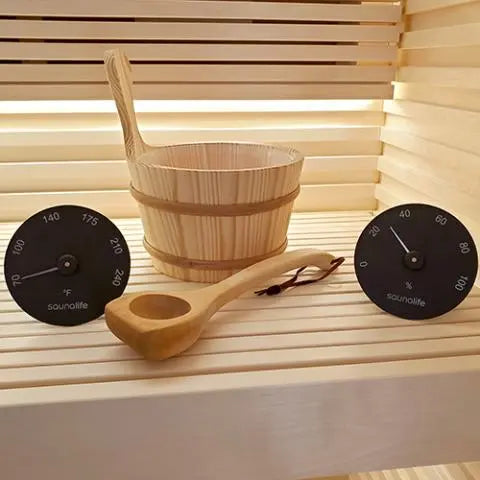 SaunaLife Accessory Package 3 Wooden 1-Gallon Sauna Bucket, Wood Ladle, Thermometer and Hygrometer ACCPKG-3-BK SaunaLife Dreamwood Living