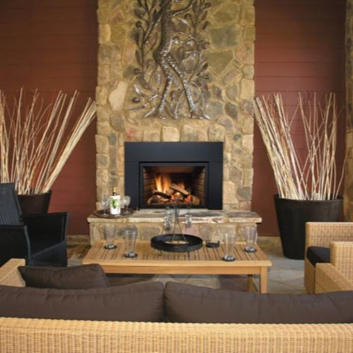 Reflective glass enhances the ambiance of the Abbot fireplace.
