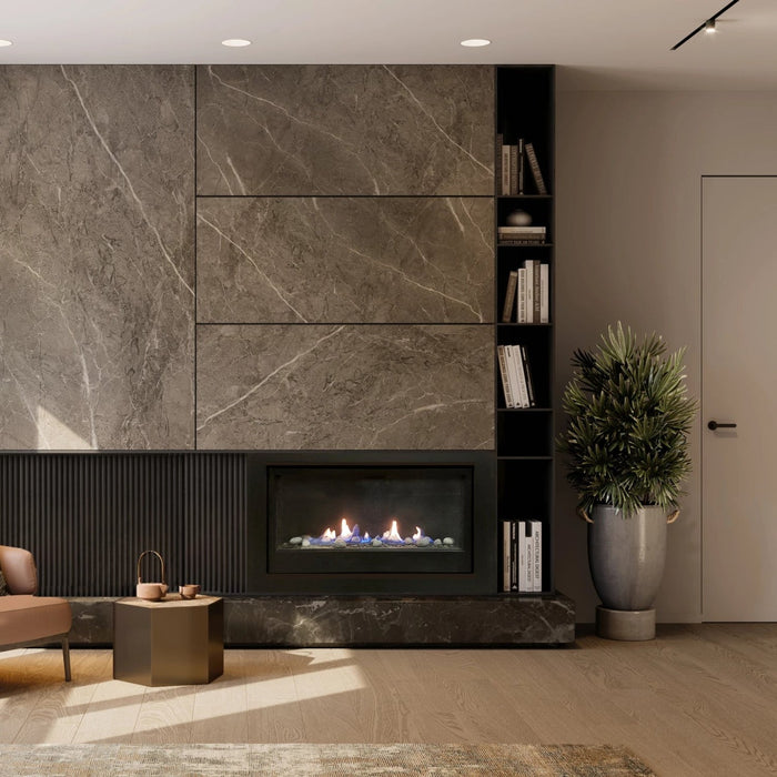 Stylish black glass kit enhances the Boston 36 fireplace look.
