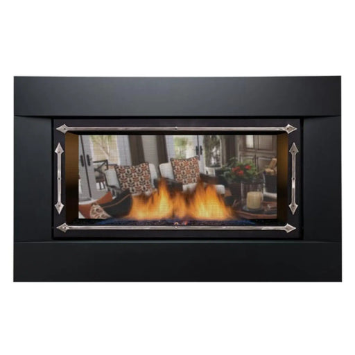 Curved front face design of Palisade fireplace adds sophistication.
