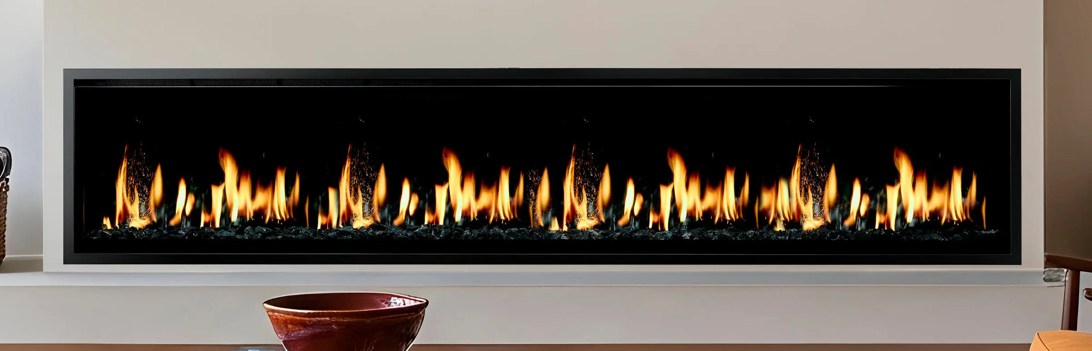 SimpliFire Allusion Edge 100" linear electric fireplace, close-up with black glass media and classic flame