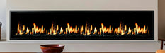 SimpliFire Allusion Edge 100" linear electric fireplace, close-up with black glass media and classic flame